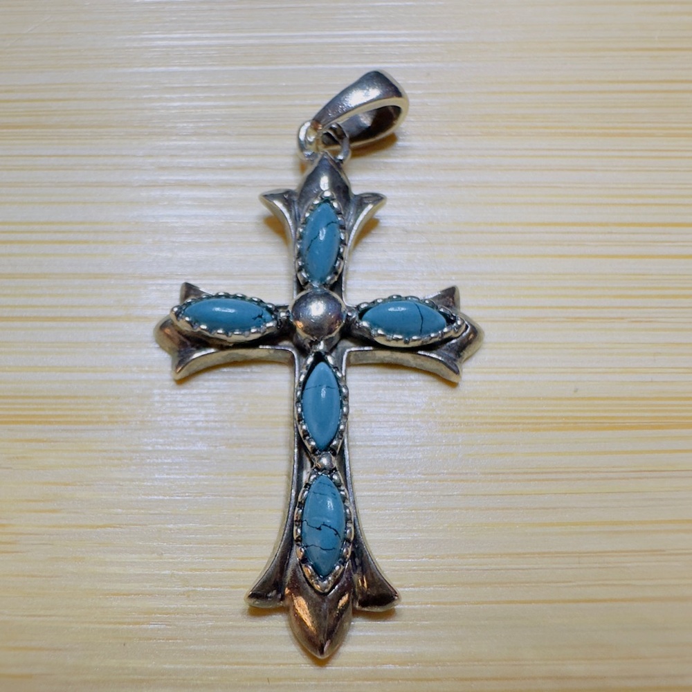 Oxidized Sterling Silver Turquoise Cross Pendant